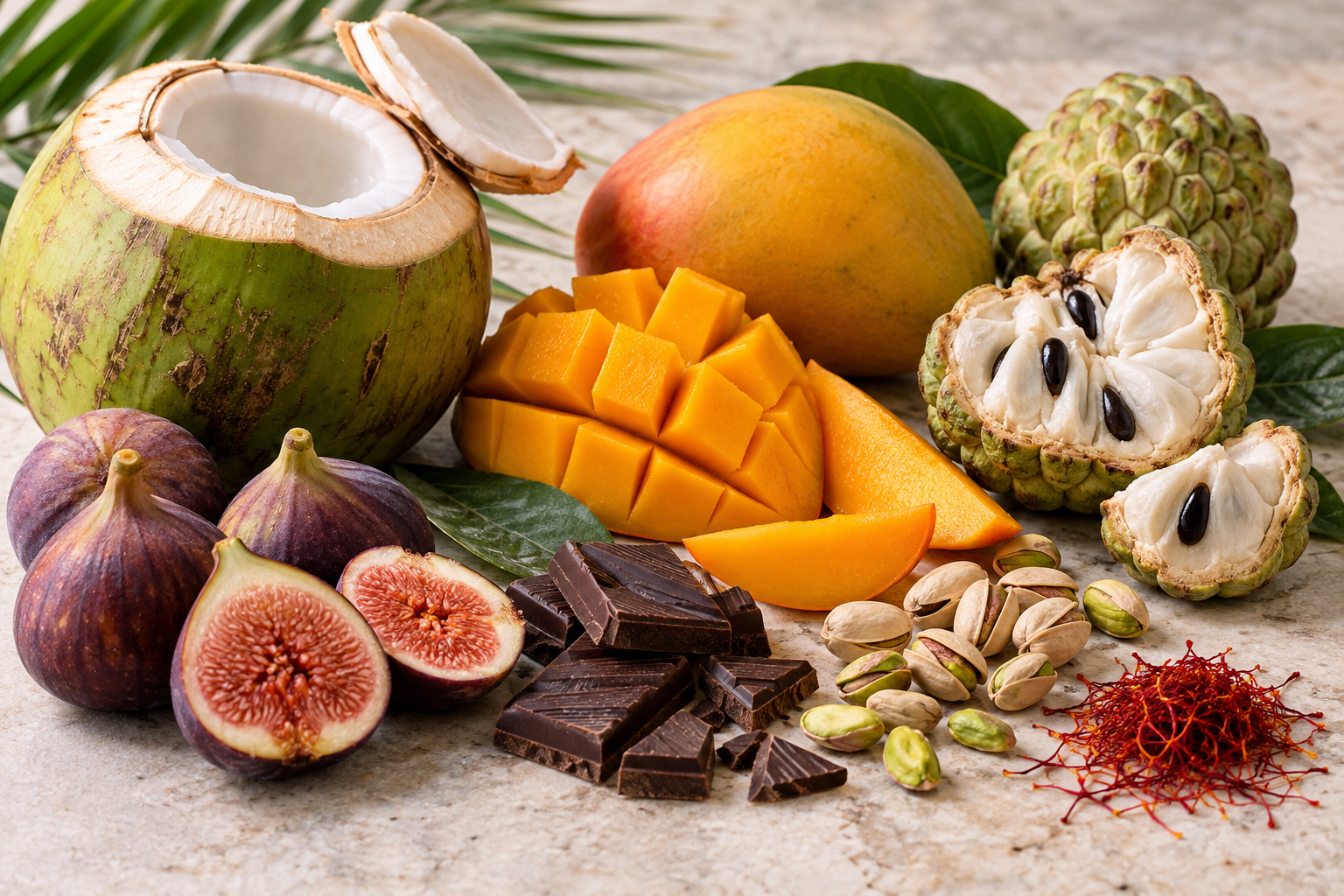 Tender coconut, mango, sharifa, anjeer, chocolate, pistachios and saffron